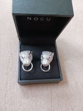 NOGU Silver Panther Head Earrings with Purple Stone Eyes